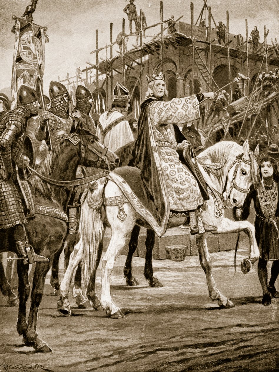 Eduard Vyznavač sleduje stavbu Westminsterského opatství, prvního normanského kostela v Anglii, ilustrace z knihy "Hutchinson