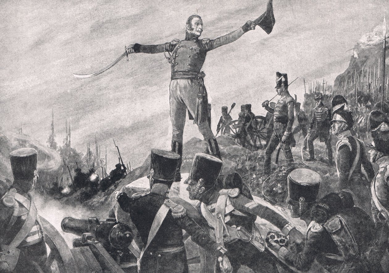 Generál Crawford dává slovo velení 43. a 52. pluku k postupu, ilustrace z „Britské bitvy na souši a moři“, vydané Cassell, Londýn, kolem roku 1910 od Richard Caton Woodville junior