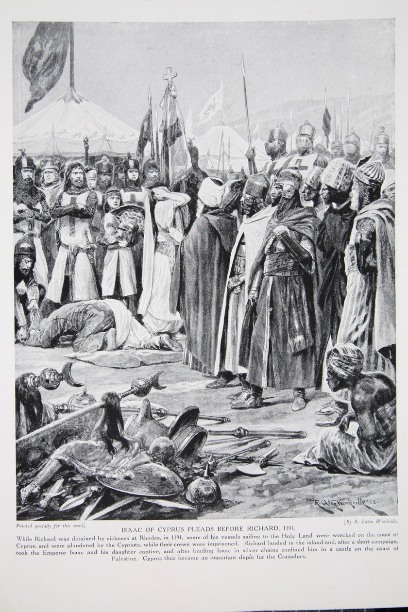 Isaac Kyperský prosí před Richardem, 1191, ilustrace z 