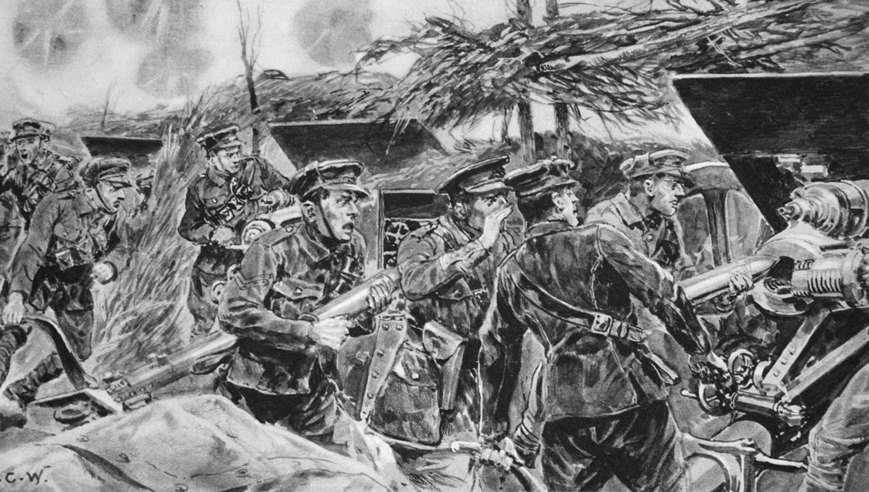 "Měj ústa otevřená!" Rozkaz vždy nutný, když jsou zbraně v ostré akci, z „The Illustrated War News“, 1916 od Richard Caton Woodville junior