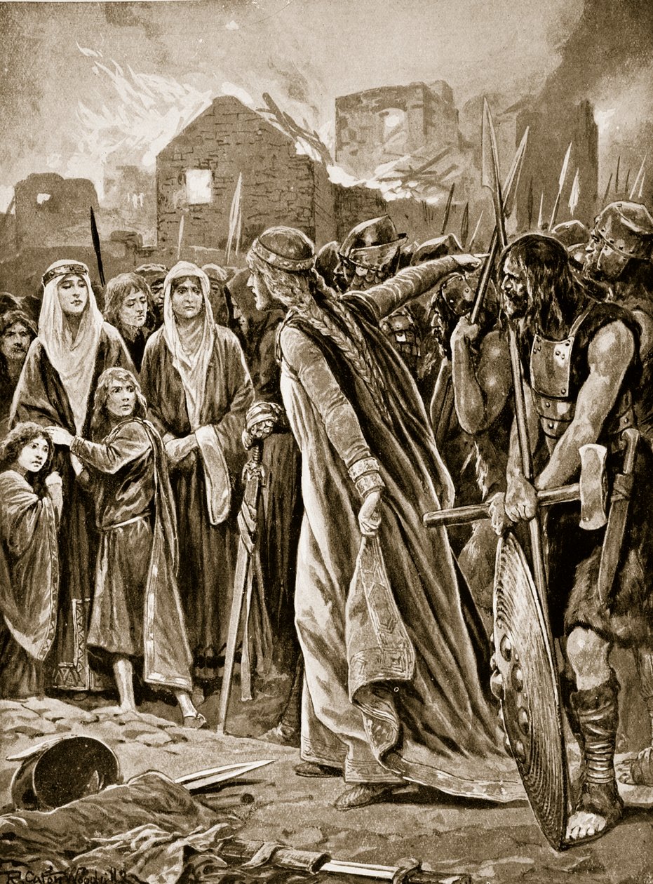 Vězni před Ethelfled po útoku na Brecon, ilustrace z „Hutchinsonova příběhu britského národa“, kolem roku 1923 od Richard Caton Woodville junior