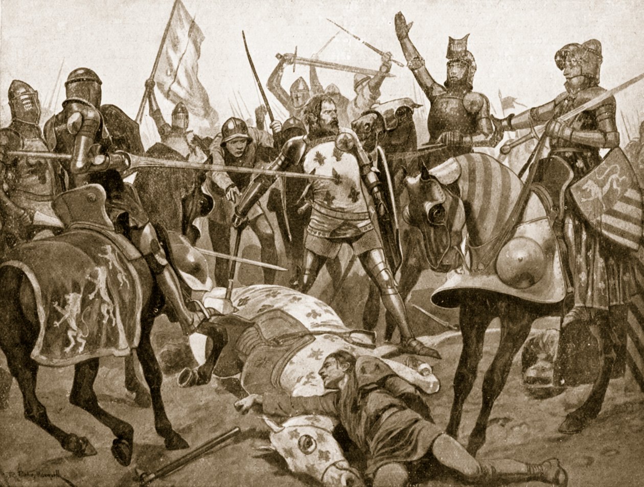 Bitva u Poitiers, 19. září 1356, ilustrace z „Hutchinsonova příběhu britského národa“, kolem roku 1920 od Richard Caton Woodville junior
