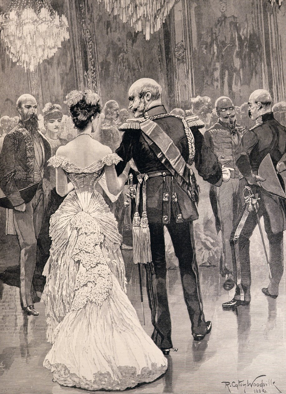 Pruský král na dvorním plese v roce 1862, poukazující na Bismarcka, svého nového ministra zahraničí, z „The Illustrated London News“, 26. března 1887 od Richard Caton Woodville junior