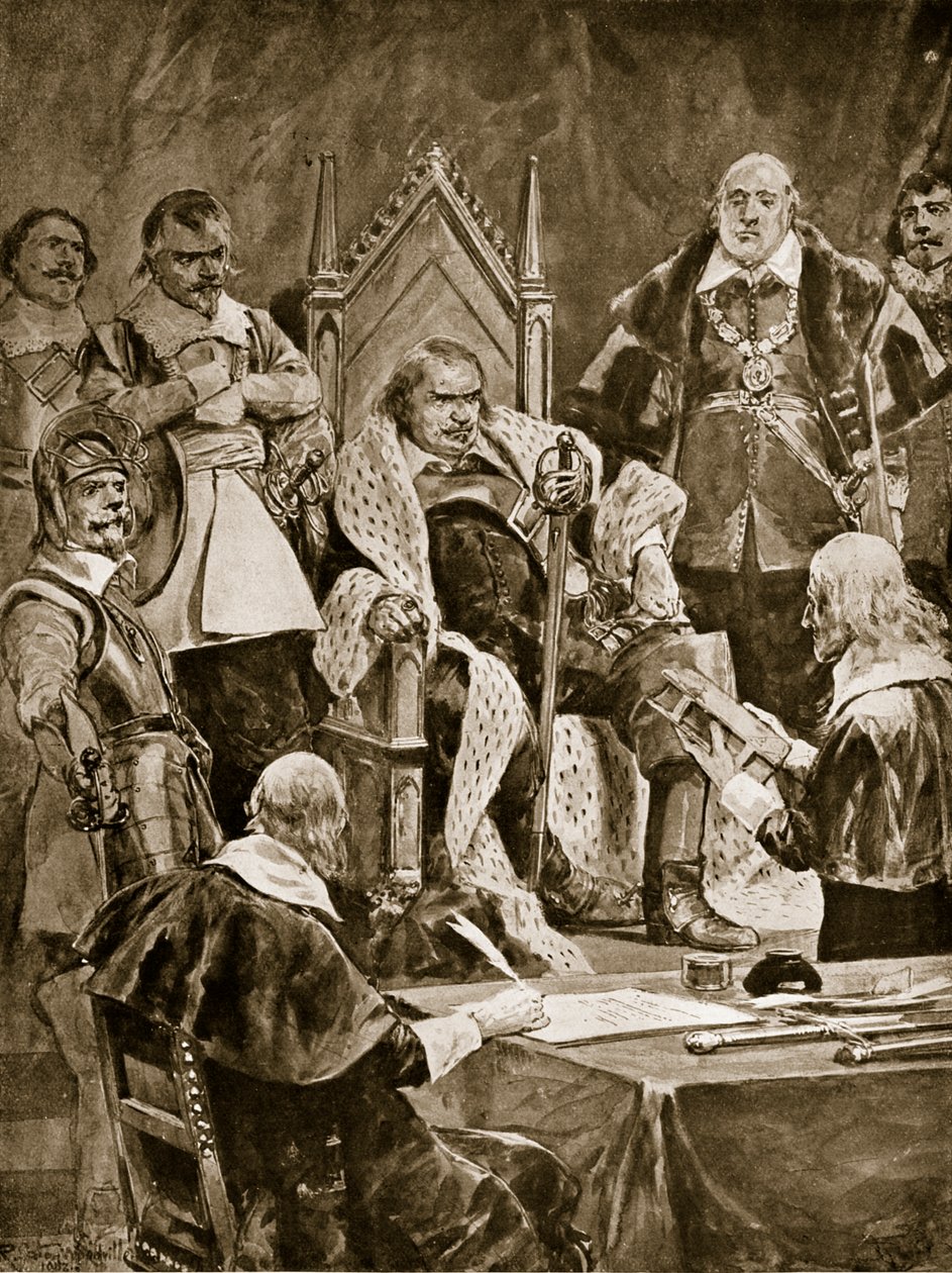 Inaugurace Cromwella jako protektora, 1657, ilustrace z „Hutchinsonova příběhu britského národa“, kolem roku 1923 od Richard Caton Woodville junior