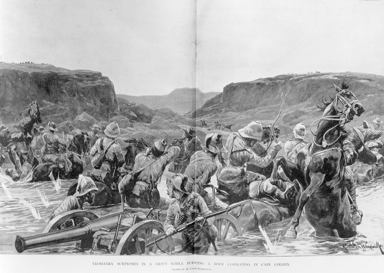 Yeomanry překvapil v záplavě při pronásledování búrského komanda v Cape Colony od Richard Caton Woodville junior