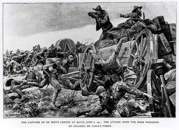 Zajetí konvoje de Wets v Reitzu, 6. června 1901. Útok na búrské vozy plukovníkem de Lisles Force od Richard Caton II Woodville