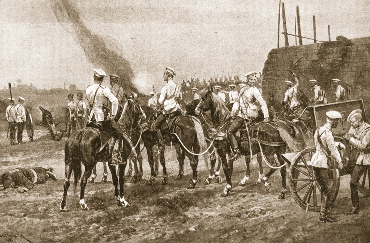 Ruské kozácké dělostřelectvo zasahující Číňany mimo Peking, ilustrace z 