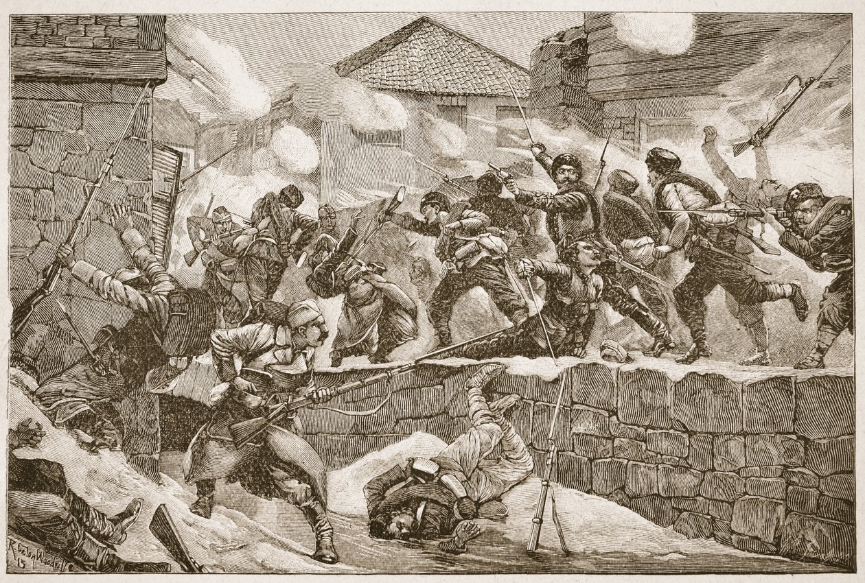 Hrubý bulharský sloup podnikl prudký útok na město, ilustrace z „Bitvy devatenáctého století“ od Archibalda Forbese, G.A. Henty a major Arthur Griffiths od Richard Caton Woodville