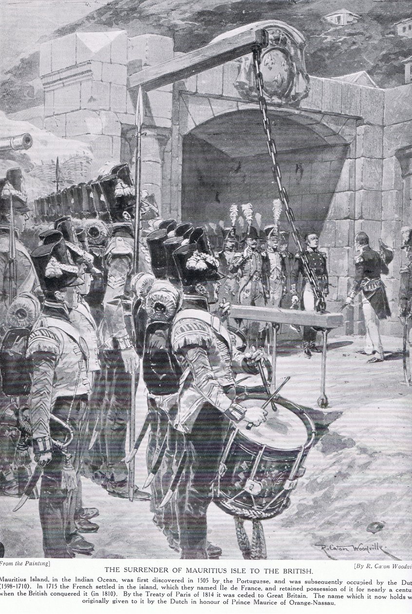 Kapitulace ostrova Mauricius Britům v roce 1810, ilustrace z 