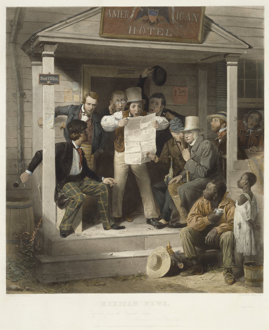 Mexické zprávy, c. 1851 (ručně kolorovaná rytina na tkaném papíře) od Richard Caton after Woodville