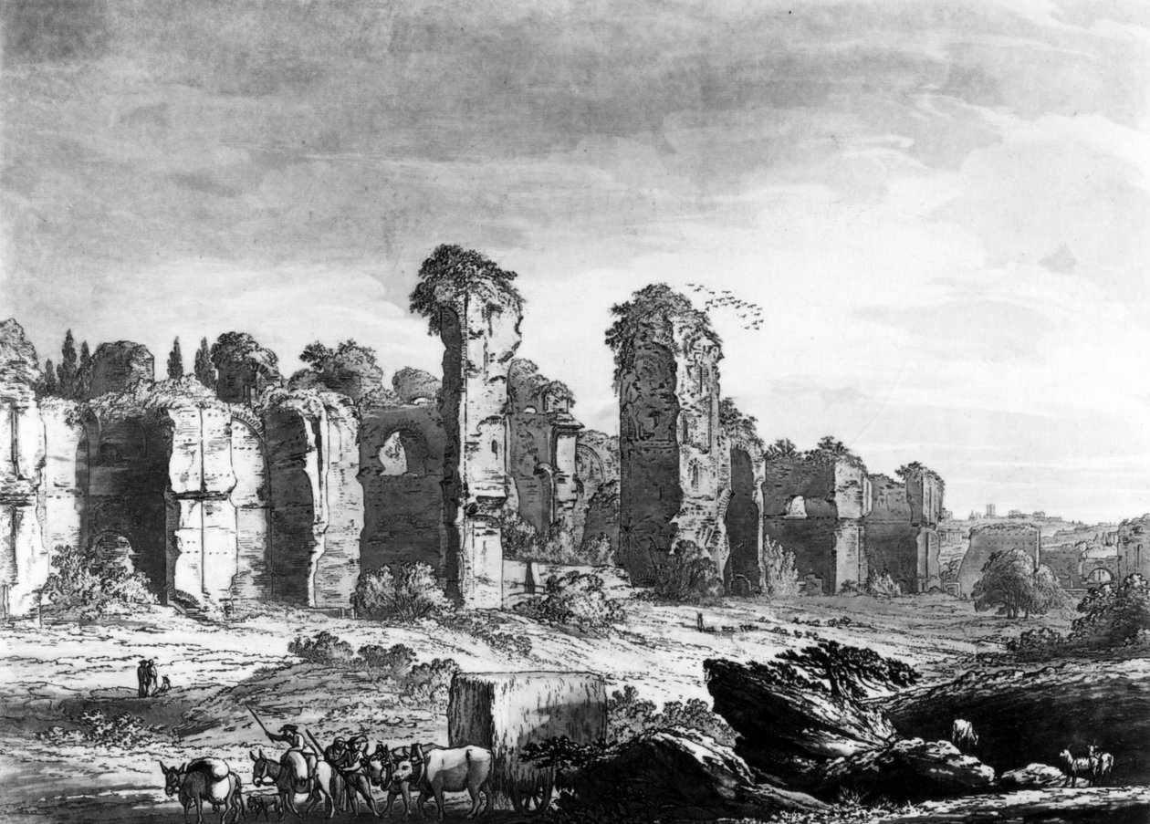 Pohled na zbytky Caracallových lázní, pořízený z Jezuitské zahrady, Řím, kolem roku 1778 (akvatinta) od Richard, the Elder Cooper