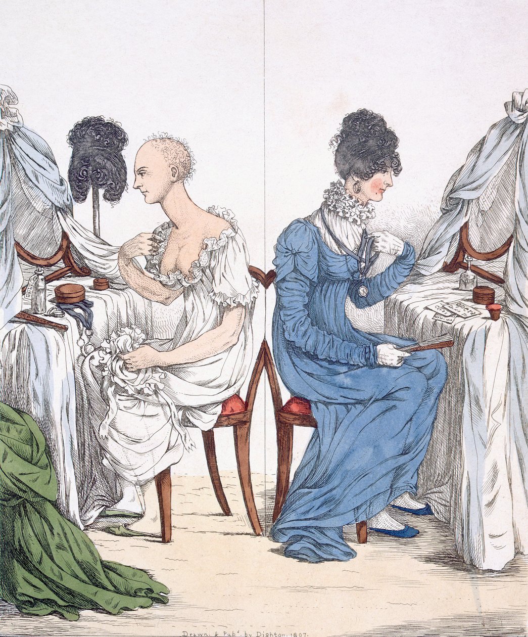 Módní dáma, hospoda. 1807 (barevný lept) 88: Regency belle bez paruky a šatů; od Richard Dighton