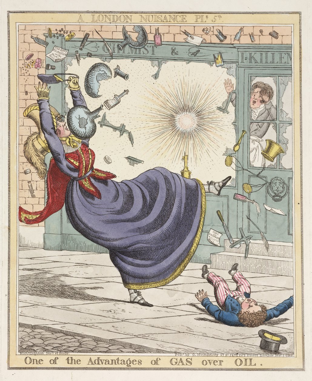 Jedna z výhod plynu oproti ropě, deska 5 z A London Nuisance, 1822 (ručně kolorovaný lept) od Richard Dighton