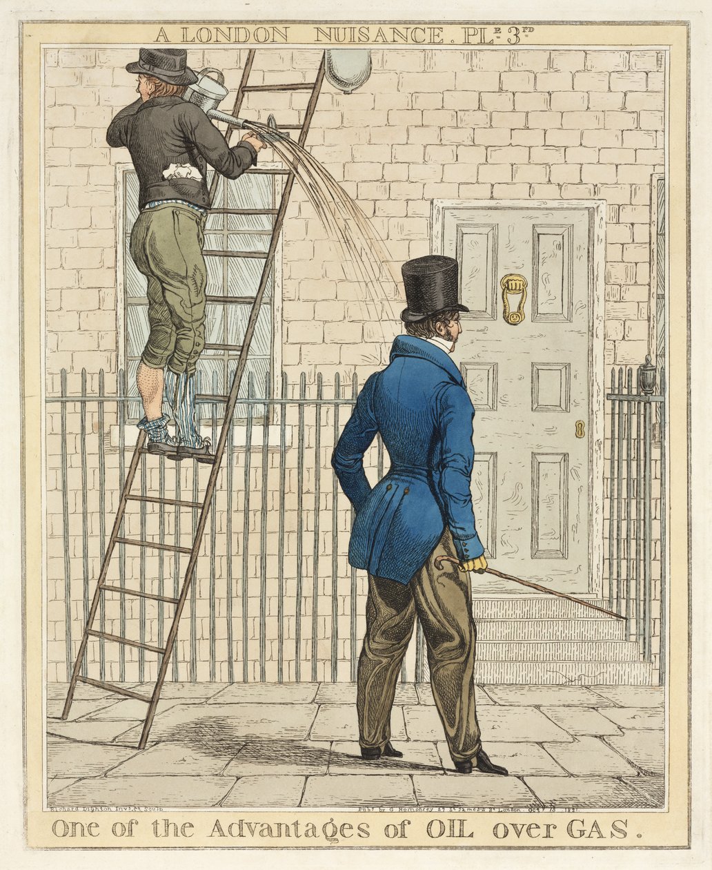 Jedna z výhod ropy oproti plynu, deska 3 z A London Nuisance, 1821 (ručně kolorovaný lept) od Richard Dighton
