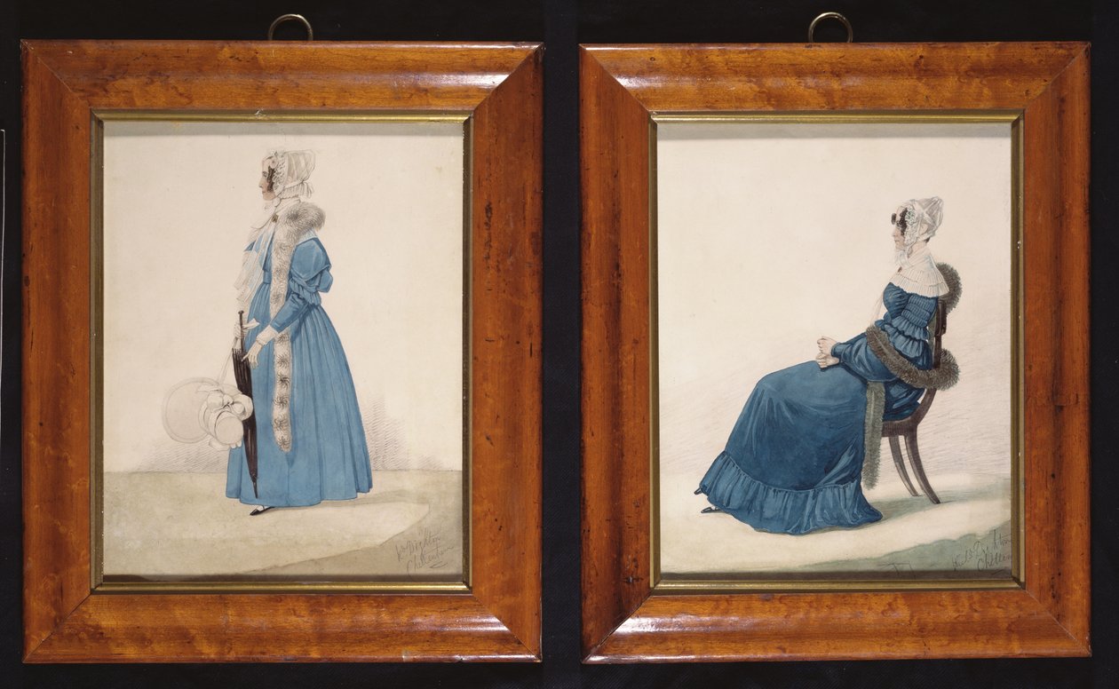 Dva portréty sedící a stojící dámy v modrých šatech, cca 1830 (wc a tužka na papíře) od Richard Dighton