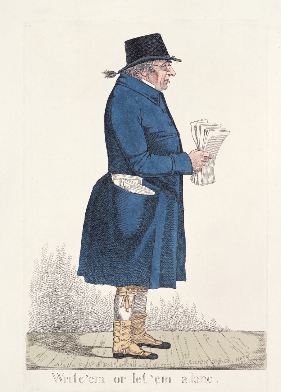 „Napište je, nebo je nechte být“, z „City Characters“, 1824 (barevný lept) od Richard Dighton