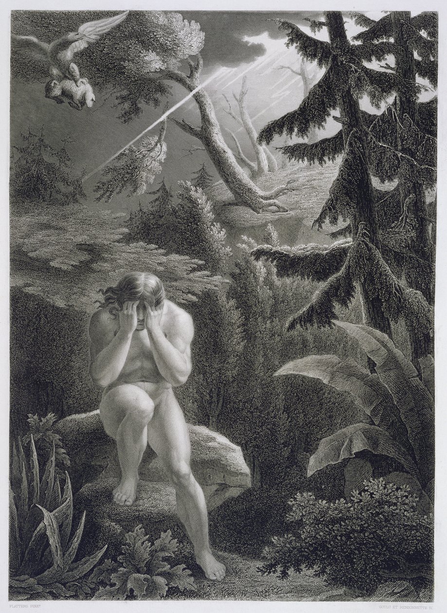 Adam naříká nad svou hříšností, z francouzského vydání Ztraceného ráje Johna Miltona (1608-74), vyrytého Gouluem a Rensonnettem, vydáno 1868. od Richard Edmond Flatters