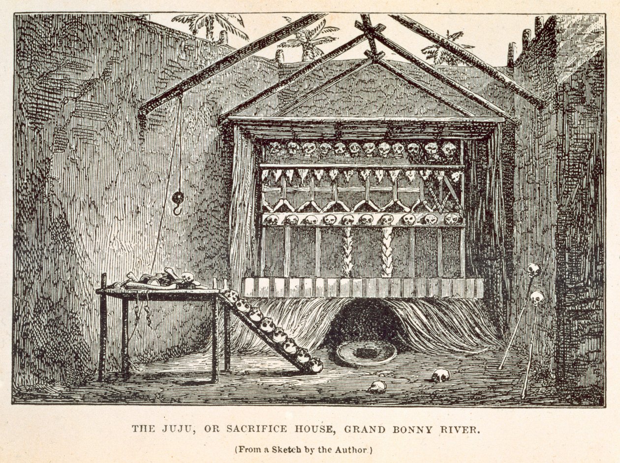 Juju, neboli Sacrifice House, Grand Bonny River, z „Putování po západní Africe od Liverpoolu po Fernanda Po“, od Richarda F. Burtona, vyryto Tinsley Brothers, 1863 od Richard Francis Burton