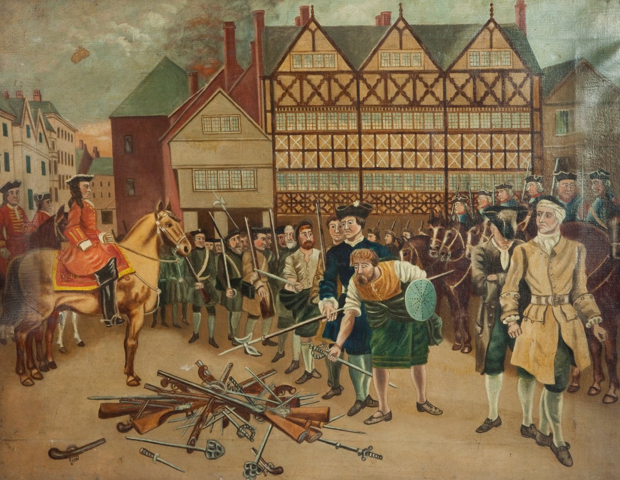 Jakobitské jednotky odevzdávají své zbraně generálu Willsovi na Preston Market Place v roce 1715 od Richard Holmes