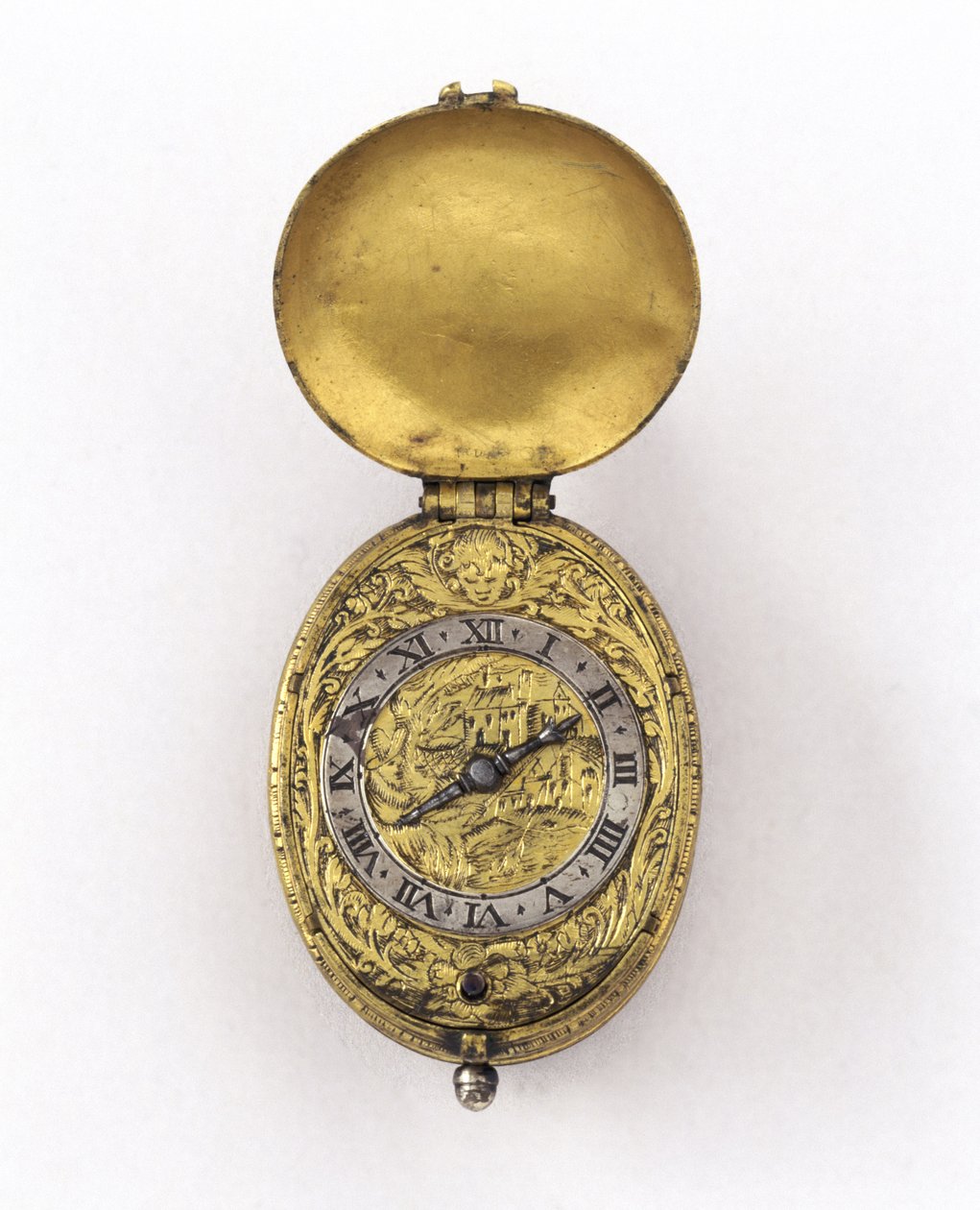 Hodinky s oválným krajním únikem, cca 1630 (stříbro a pozlacený kov) od Richard Jackson