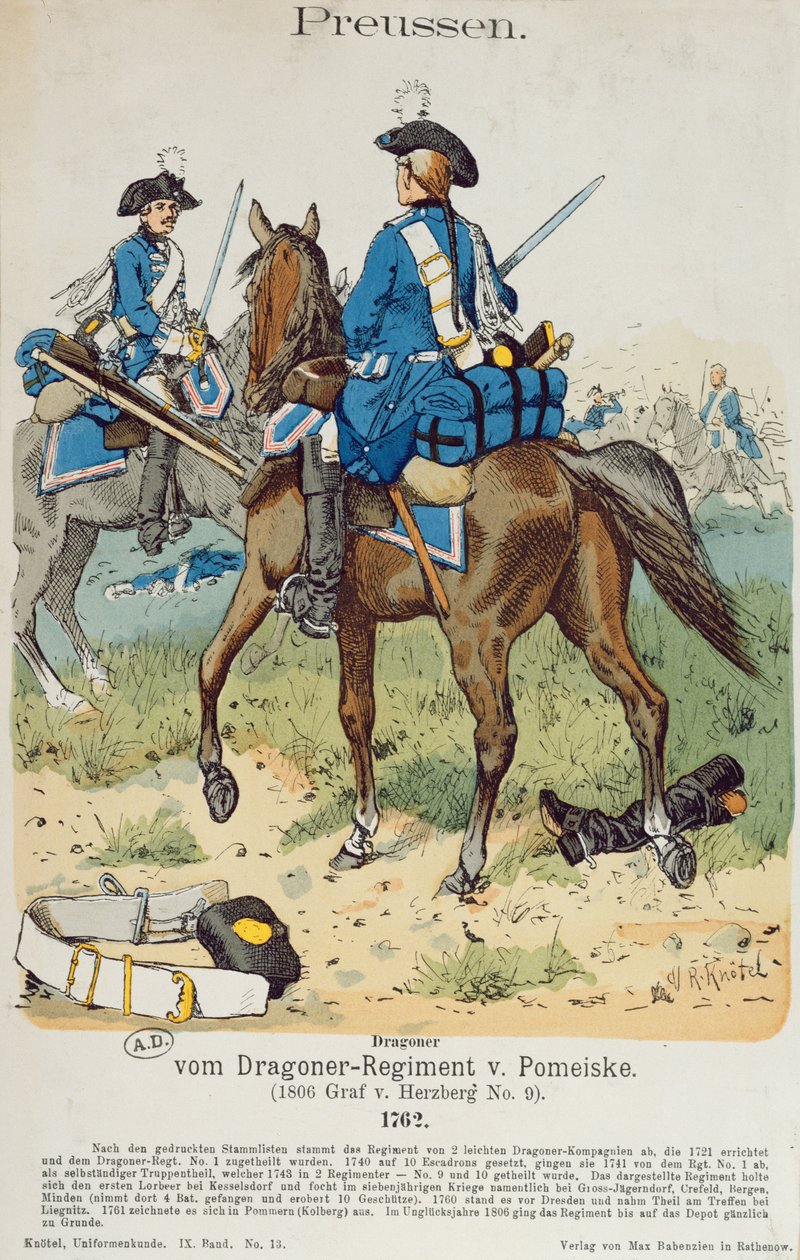 Dragouni v Regiment von Pomeiske v roce 1762, kolem roku 1890 od Richard Knoetel