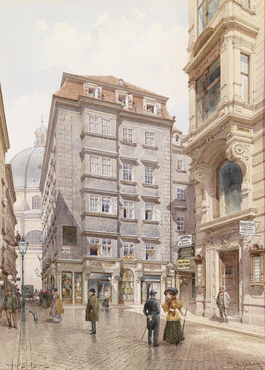 Obchod s látkami Albert Hardt ve Freisingergasse, vzadu Peterskirche od Richard Moser