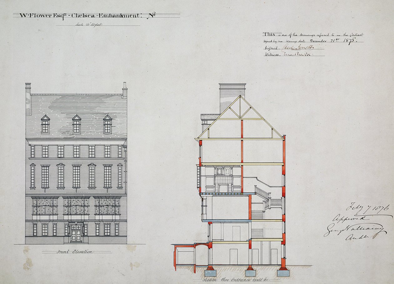 Návrh domu pro W. Flower Esq., Chelsea Embankment, Londýn, 1876 (pero a tuš & čb na papíře) od Richard Norman Shaw