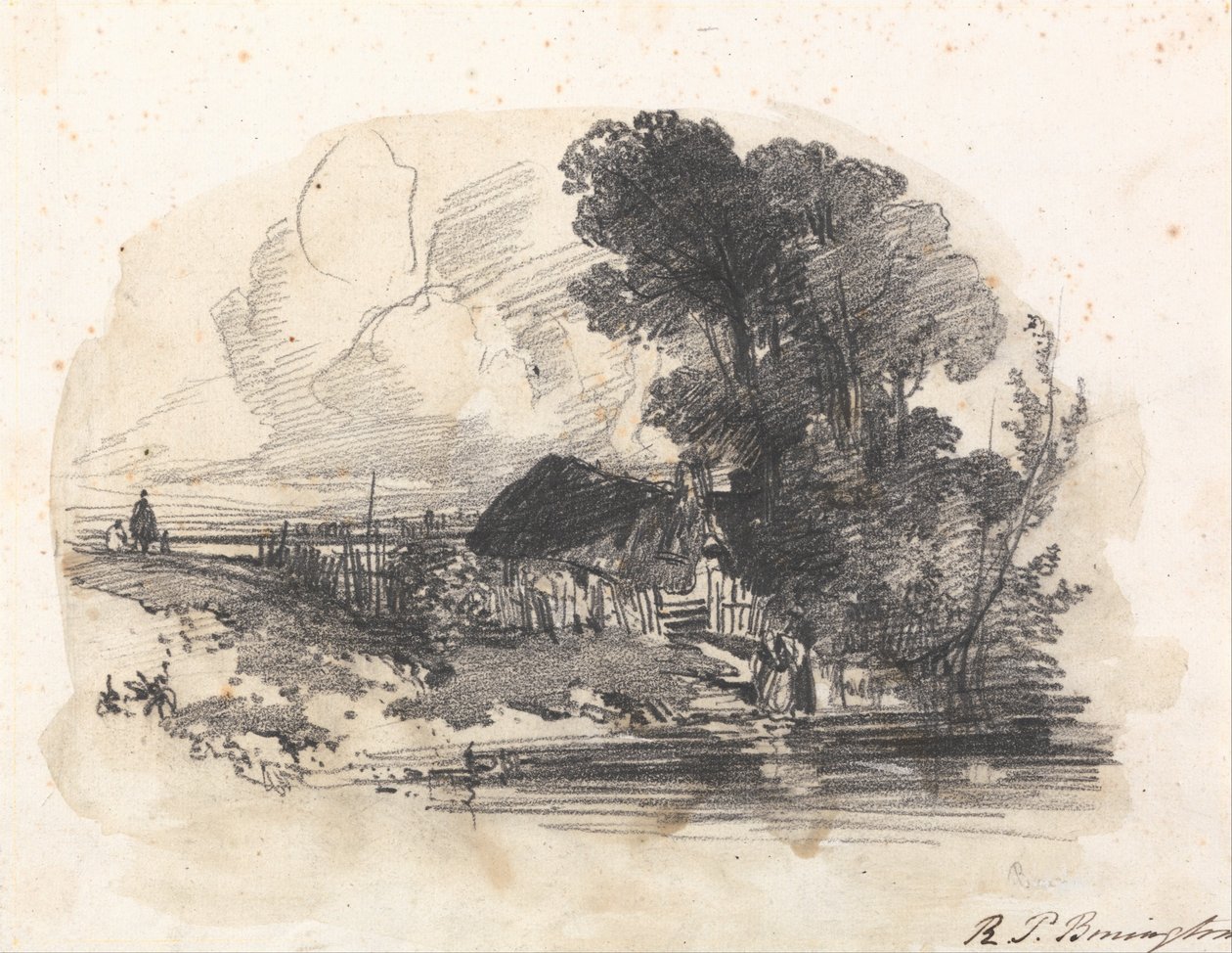 Stromy a chata u řeky od Richard Parkes Bonington