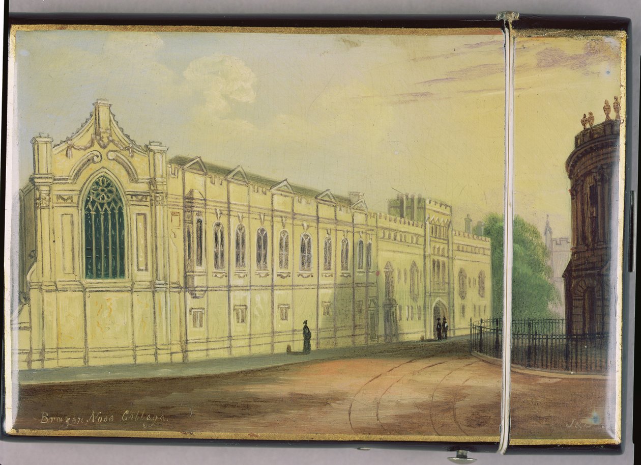 Viktoriánské pouzdro na karty se scénou Brasenose College v Oxfordu (papier mache) od Richard Phene and Benjamin W. Spiers