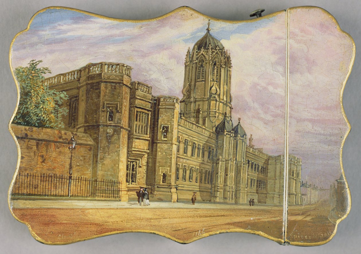 Viktoriánské pouzdro na karty se scénou Christ Church, Oxford a Tom Tower (papírová hmota) od Richard Phene and Benjamin W. Spiers