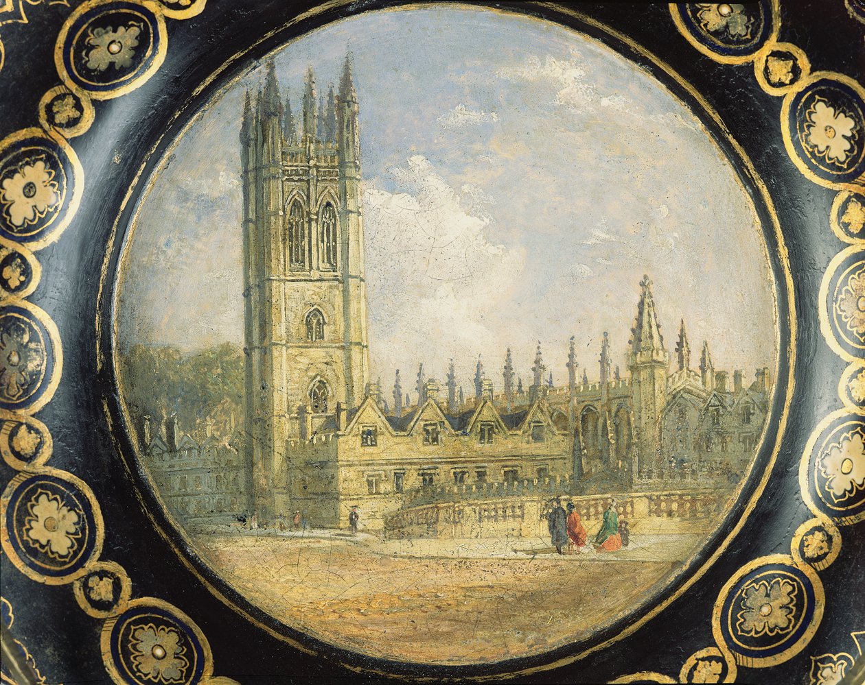 Viktoriánský zásobník na karty zdobený scénou Magdalen College, Oxford (papiermache) od Richard Phene and Benjamin W. Spiers