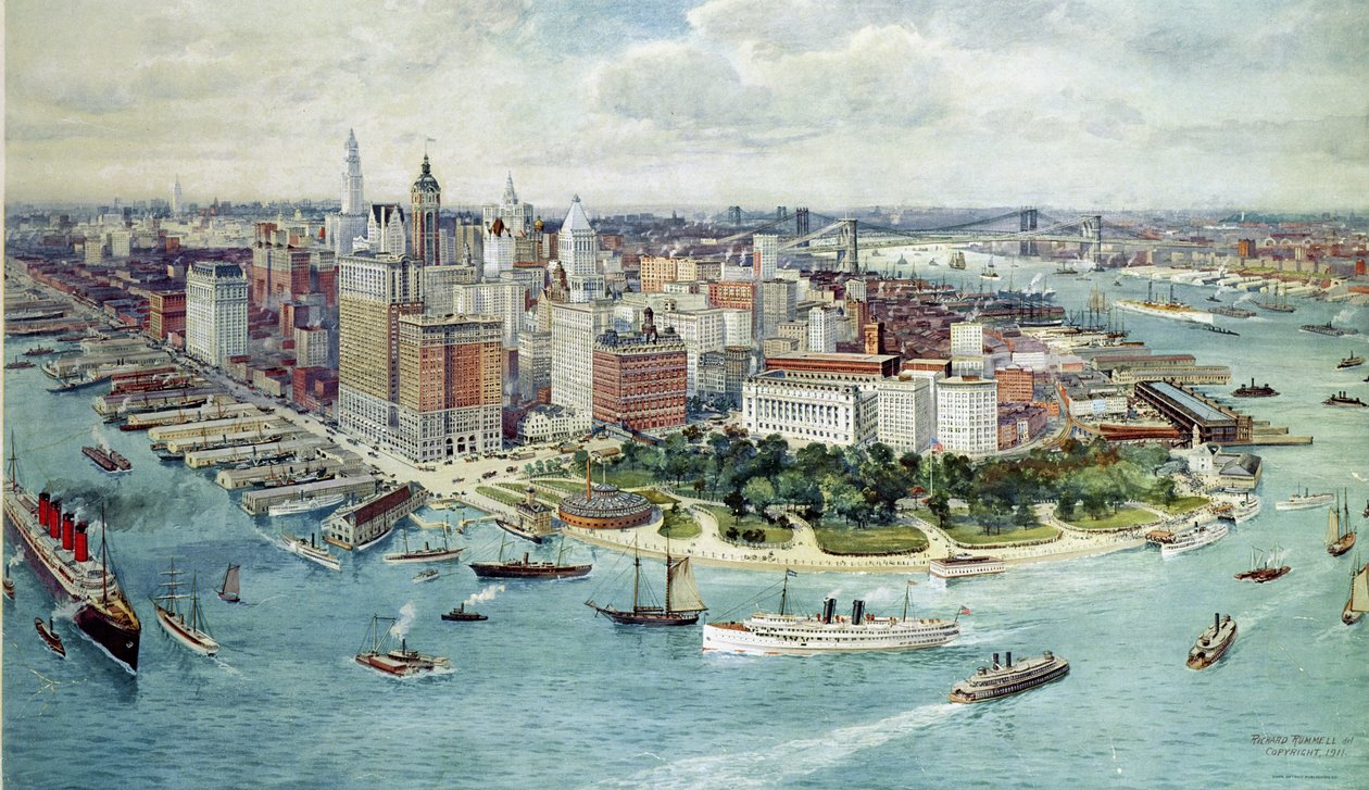 Pohled z ptačí perspektivy na Dolní Manhattan, 1911 od Richard Rummell