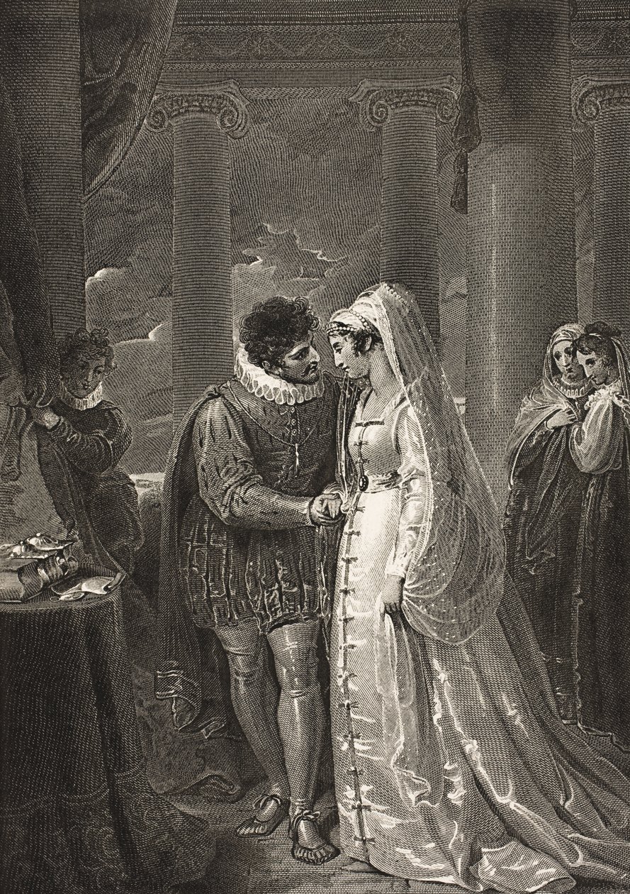 Pokoj v domě Portie, dějství III, scéna II, z „Kupce benátského“, z galerie Boydell Shakespeare, vydané koncem 19. století od Richard Westall