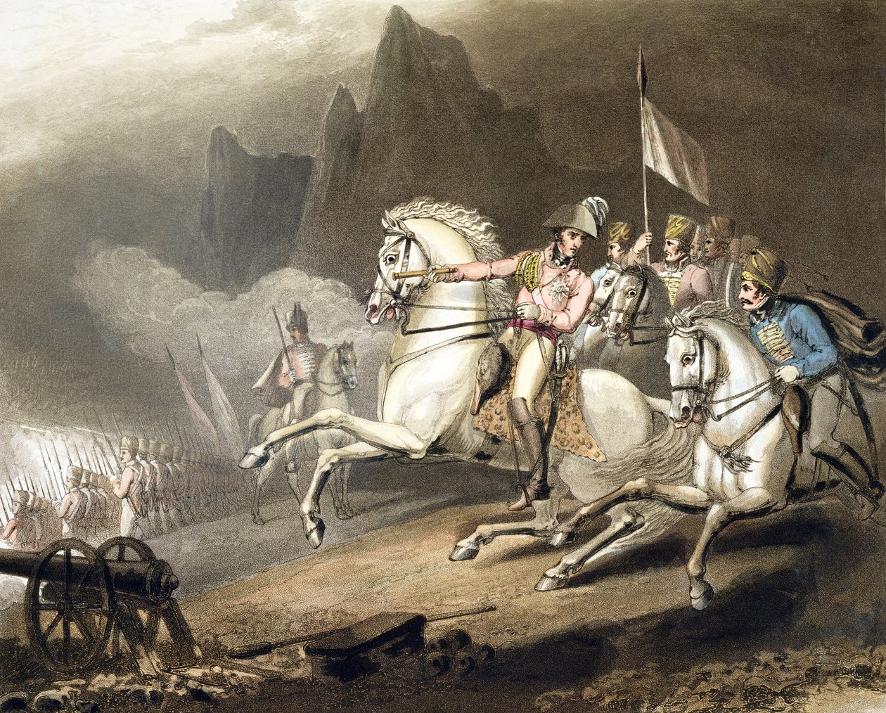 Pyreneje, 28. července 1813, z „Vítězství vévody z Wellingtonu“, ryl T. Fielding, hospoda. 1819 od Richard Westall