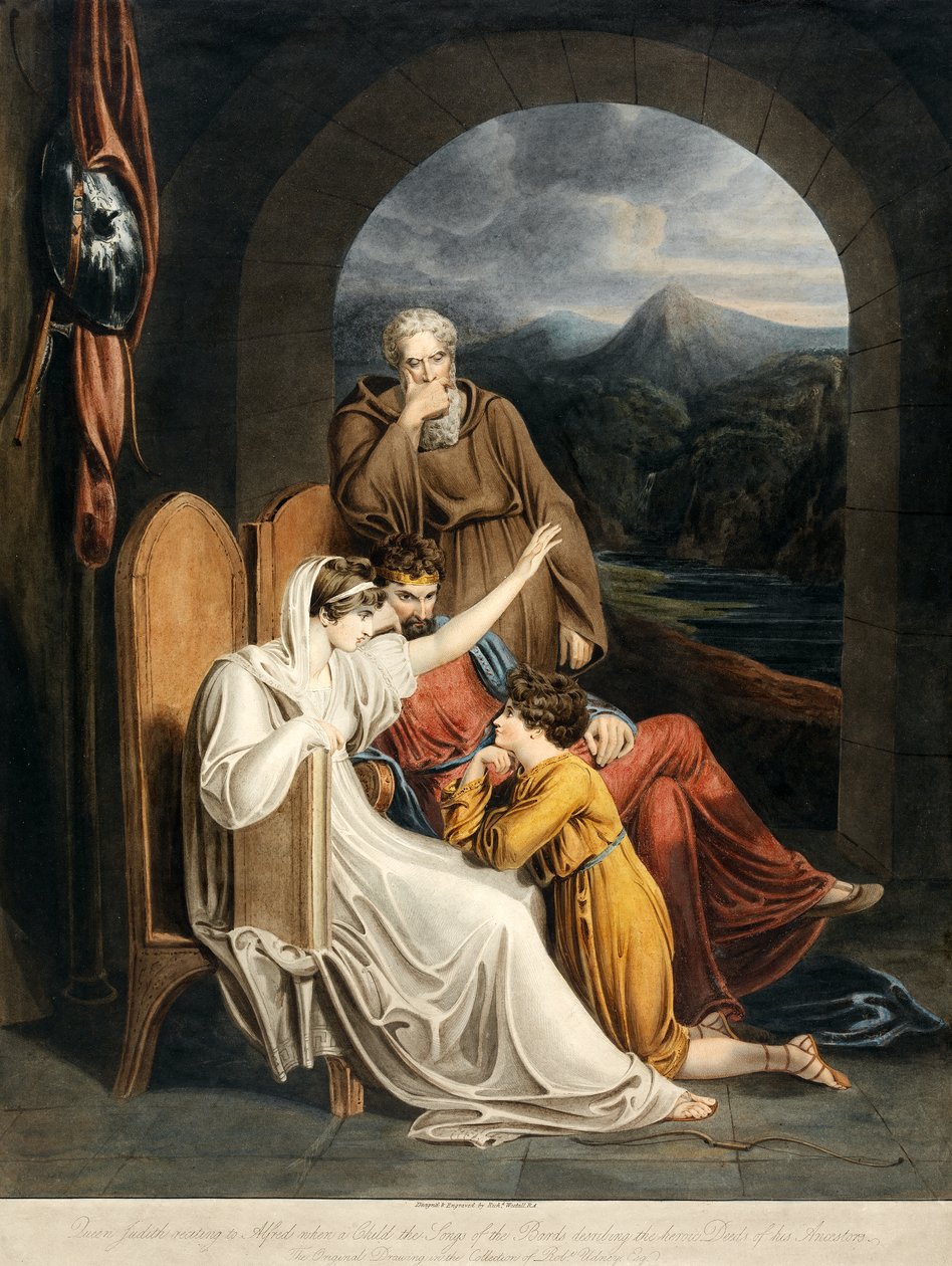 Královna Judita recituje Alfrédovi, když dítě v hospodě Songs of the Bards popisuje hrdinské činy svých předků. 1801 od Richard Westall