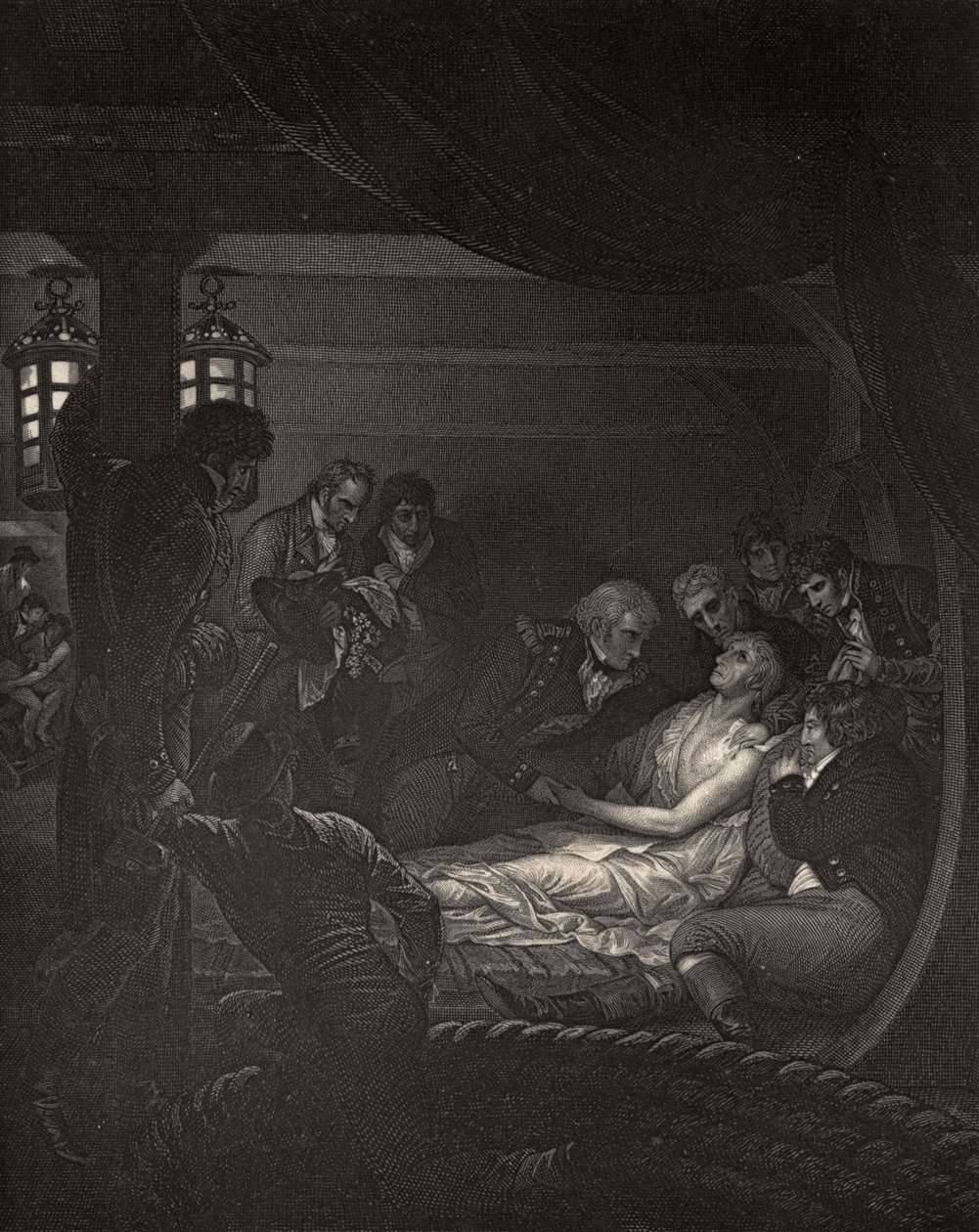 The Death of Nelson (1758-1805) ilustrace z „The Life of Nelson“ od Roberta Southeyho (1774-1843), poprvé publikovaná v roce 1813 od Richard Westall