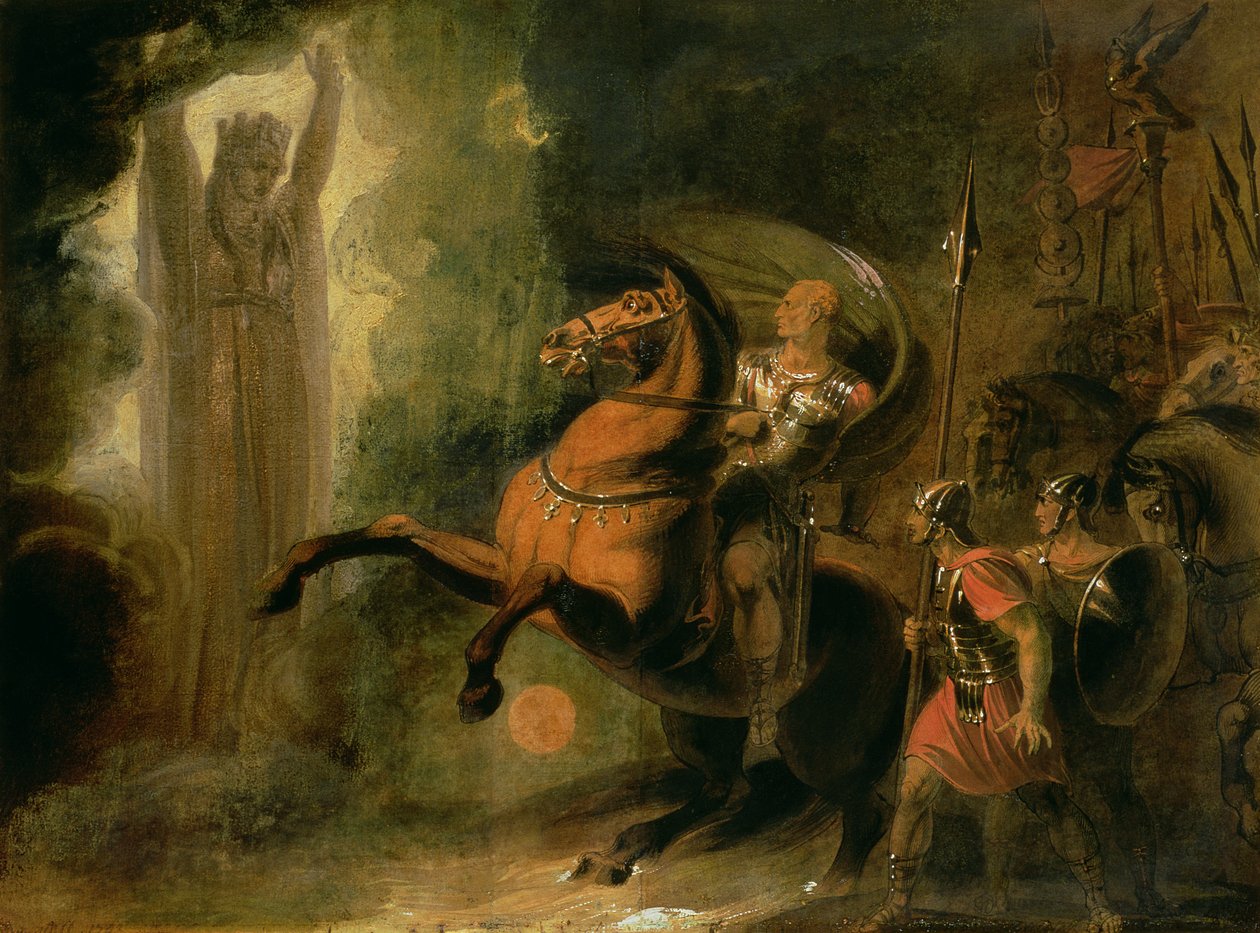 Bohyně Roma se zjevuje Juliu Caesarovi v Bank of the Rubicon, kolem roku 1793 (wc a olej na papíře) od Richard Westall