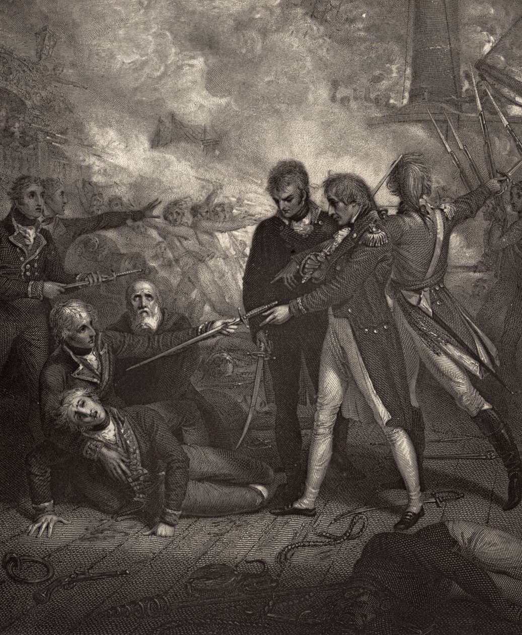 San Nicholas a San Josef nesené na palubě, ilustrace z „The Life of Nelson“ od Roberta Southeyho (1774-1843), poprvé vydaná v roce 1813 od Richard Westall