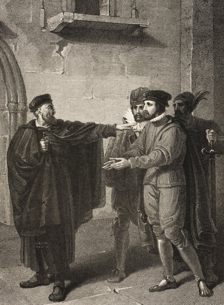Benátky, ulice, dějství III, scéna III, z „Kupce benátského“, z galerie Boydell Shakespeare, vydané koncem 19. století od Richard Westall