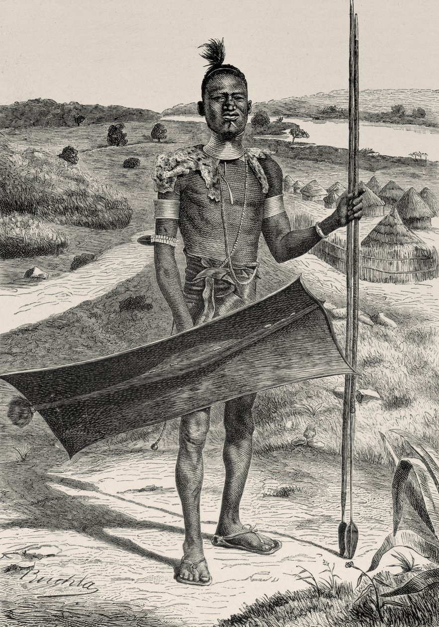 Shuli Warrior Fully Equipped: Village in Background, from The History of Mankind od prof. Friedricha Ratzela, hospoda. v roce 1904 od Richard Buchta
