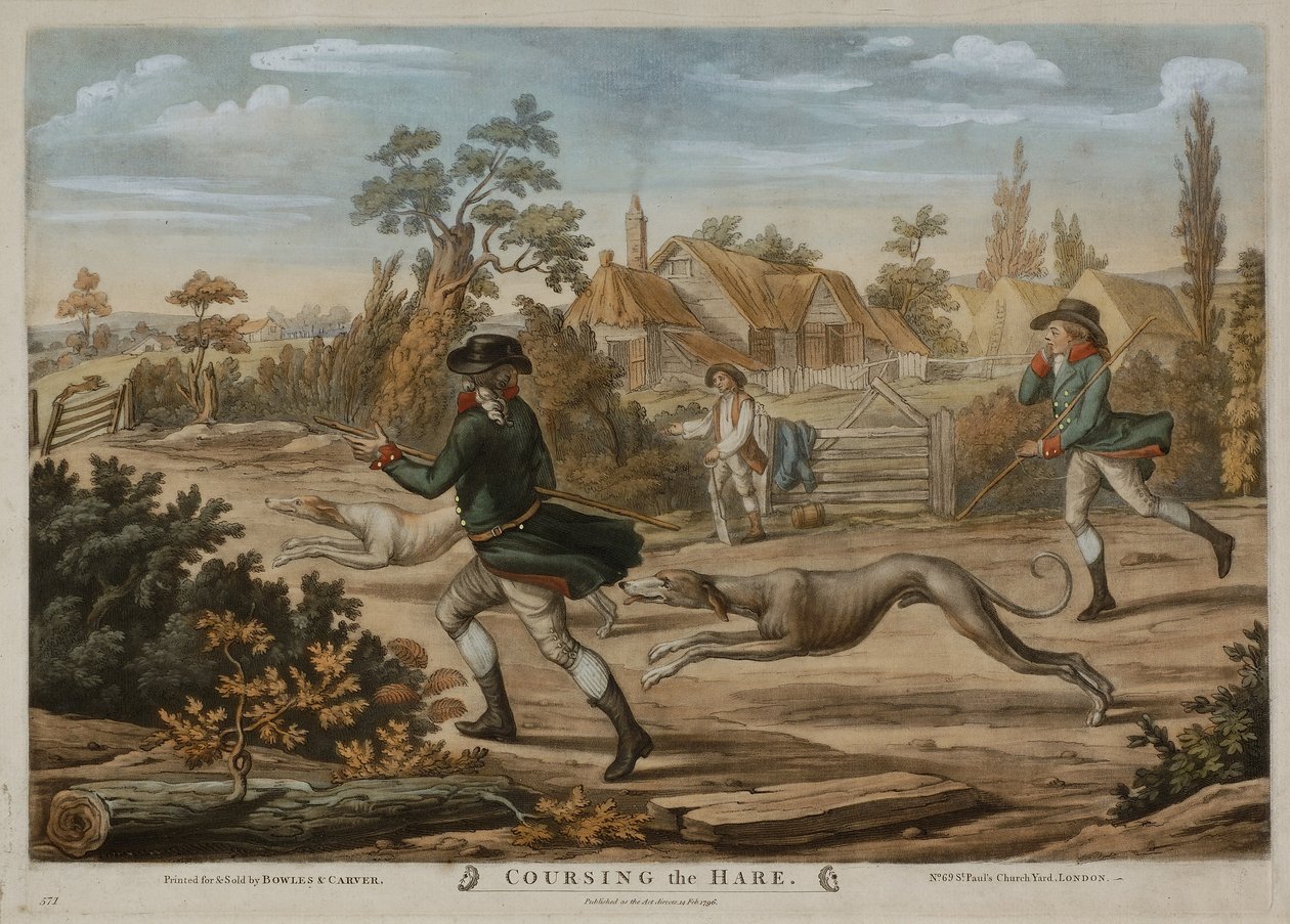 Coursing the Hare, vytištěno pro Bowles & Carver, vydané v roce 1796 (mezzotinta) od Richard (after) Dighton