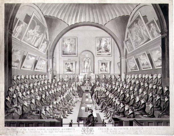 Lord Mayor, Aldermen a Common Council v Council Chamber Guildhall, Londýn, vyryto Thomasem Sutherlandem (b.c.1785) publikováno 1825 (litho) od Richard (after) Dighton