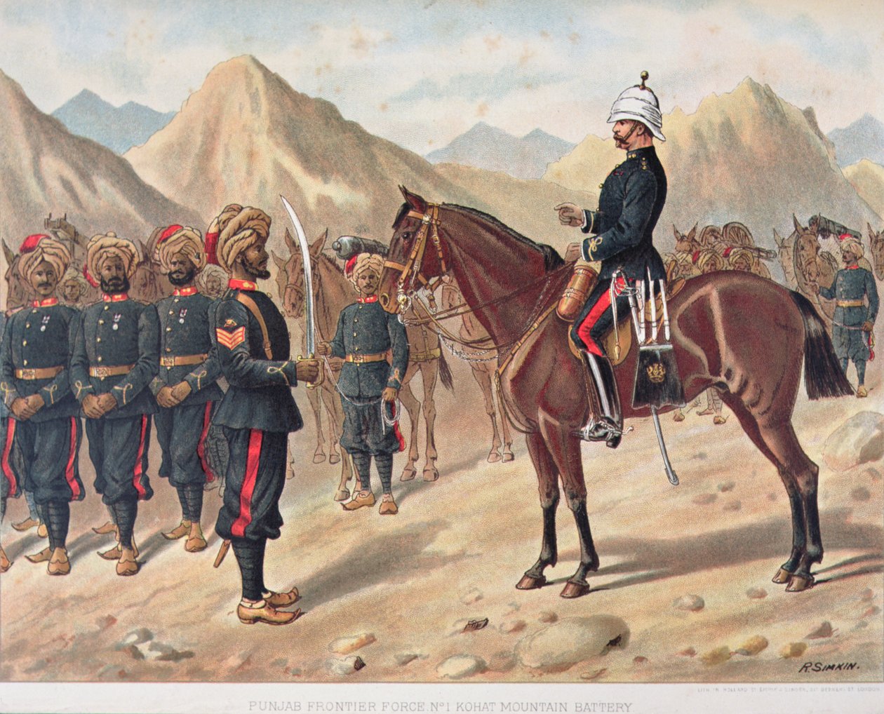 Pandžábská pohraniční síla č. 1 Kohat Mountain Battery, Anglo-indická armáda z 80. let 19. století (barevně lito) od Richard (after) Simkin