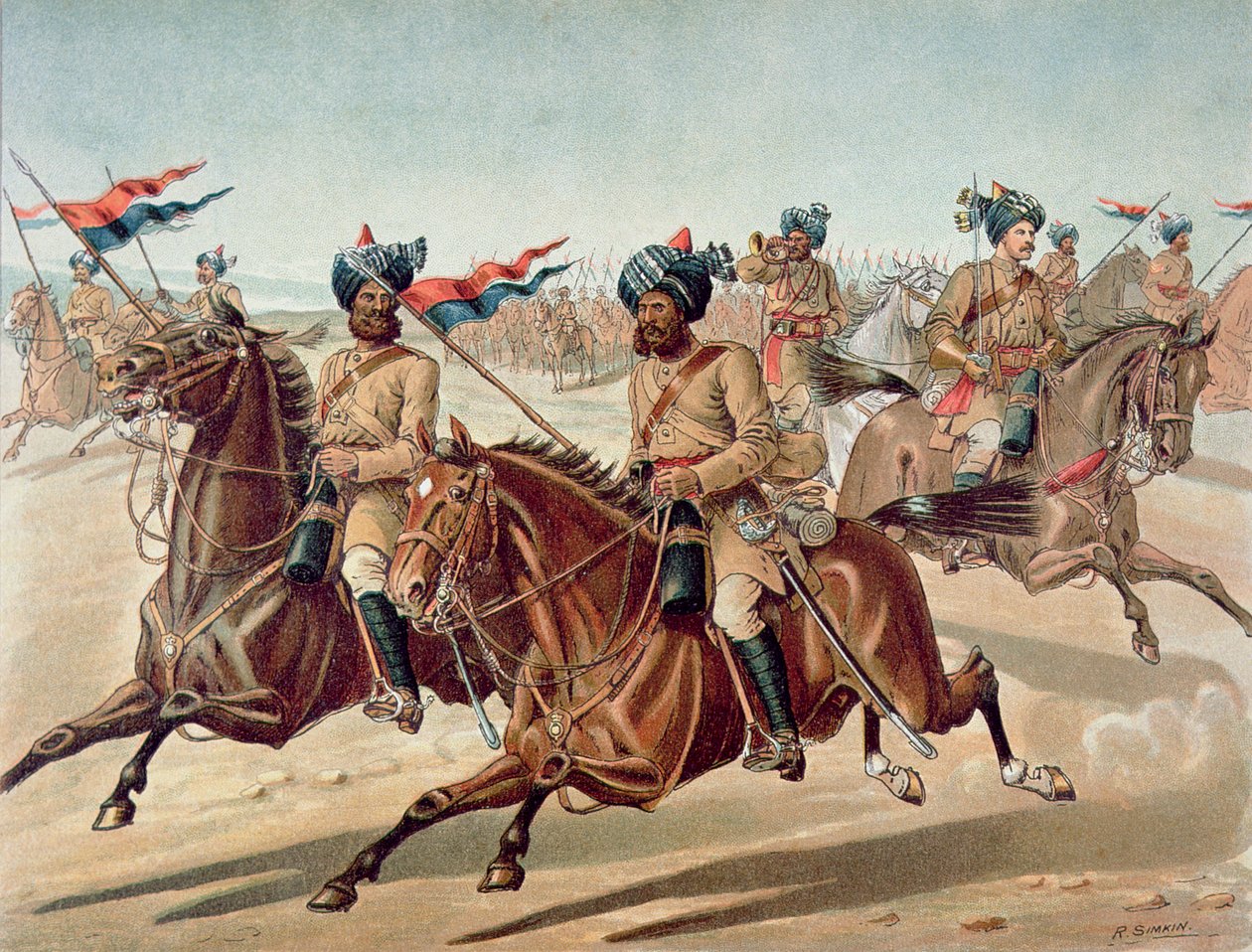 Scouts of the 10th Bengal Lancers (polní servisní sada), Anglo-indická armáda z 80. let 19. století (barevné lito) od Richard (after) Simkin