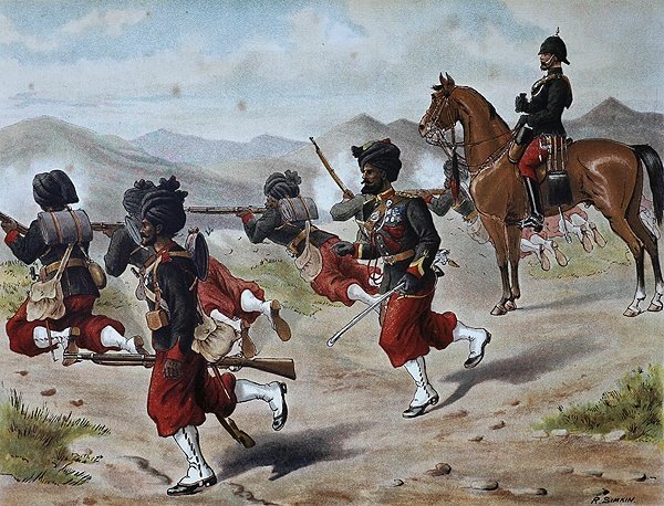 20. polní palba domorodé pěchoty z Bombaje (Marching Order), Anglo-indická armáda z 80. let 19. století (barevné lito) od Richard (after) Simkin