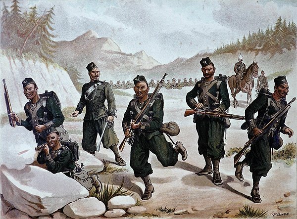 3. Gurkhas Skirmishing, Anglo-indická armáda z 80. let 19. století (barevné lito) od Richard (after) Simkin