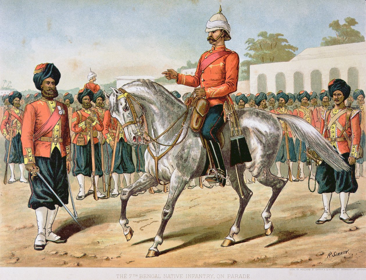 7. bengálská pěchota na přehlídce, Anglo-indická armáda z 80. let 19. století (barevné lito) od Richard (after) Simkin
