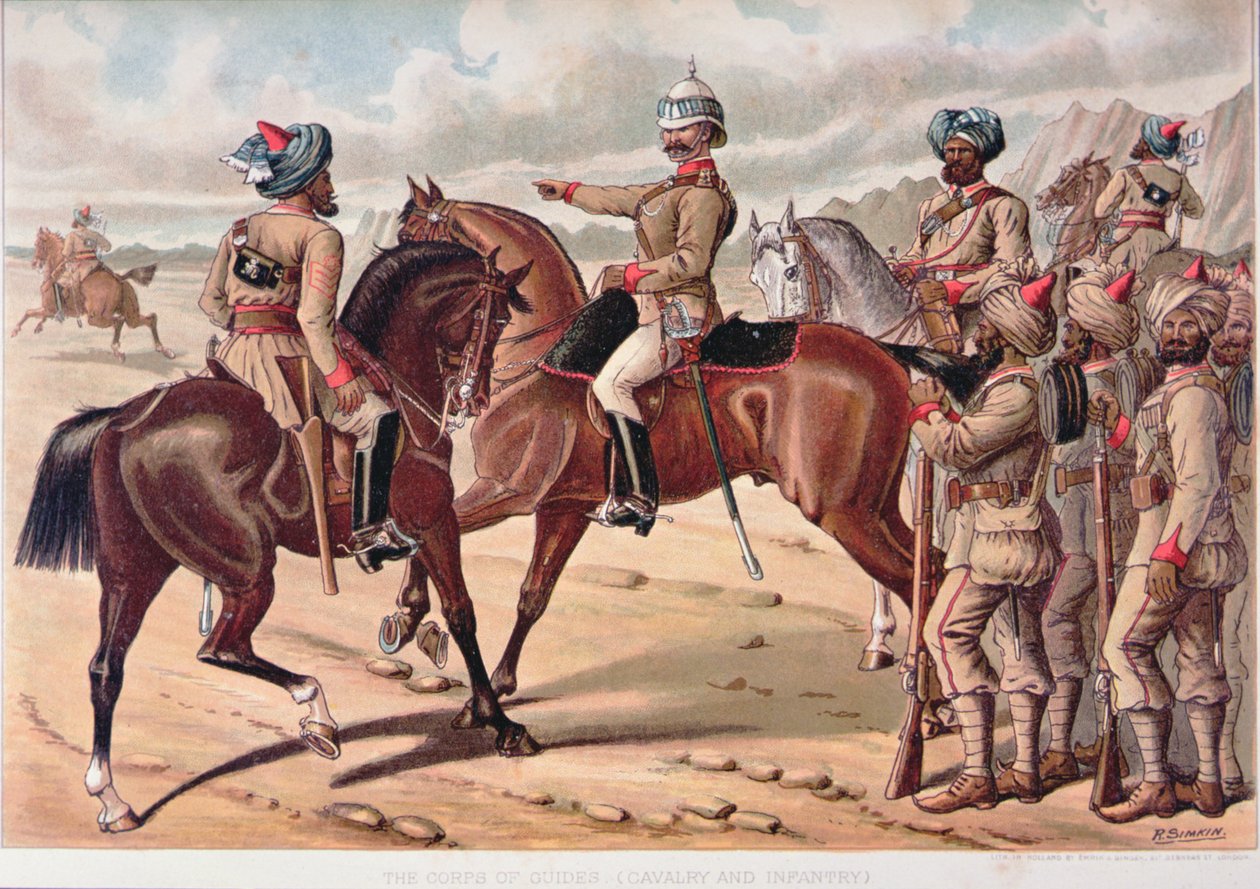 Sbor průvodců (kavalérie a pěchoty), Anglo-indická armáda z 80. let 19. století (barevné lito) od Richard (after) Simkin