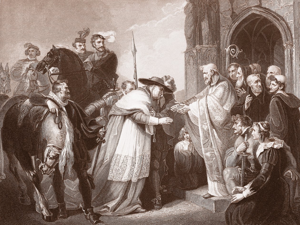Kardinál Wolsey v Leicester Abbey, vyryto R. Waltherem (litho) od Richard (after) Westall