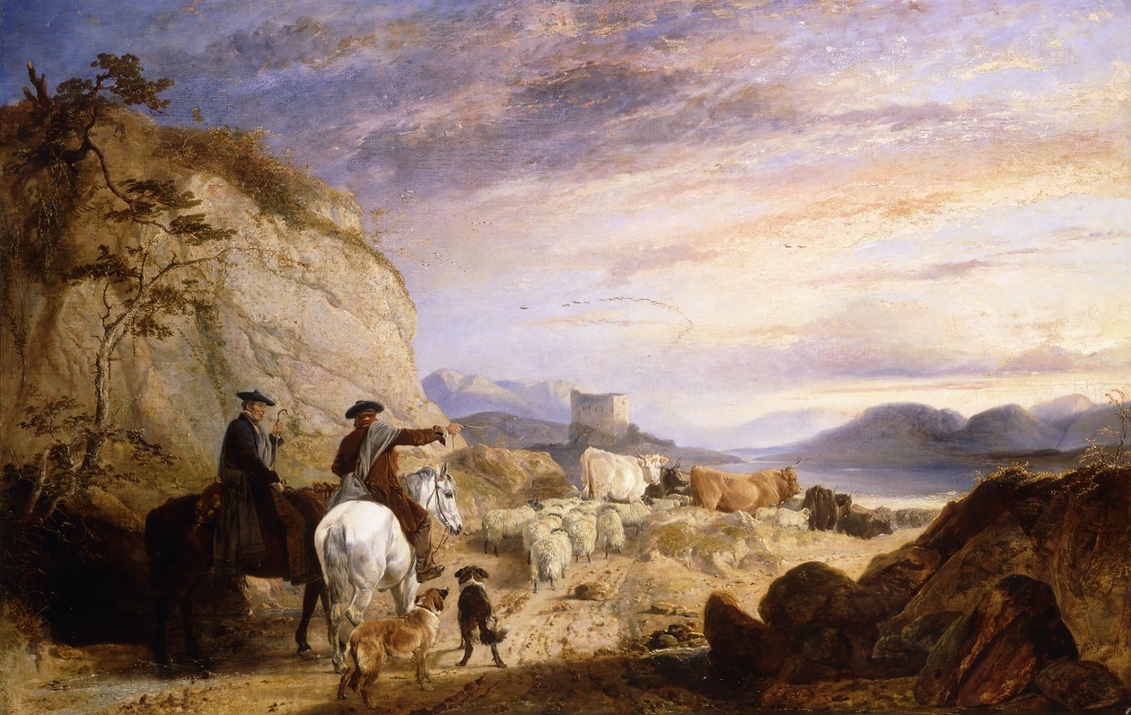 Highland Drovers a psi pohánějící své ovce a dobytek ve skalnaté zalesněné krajině, 1846 od Richard Ansdell